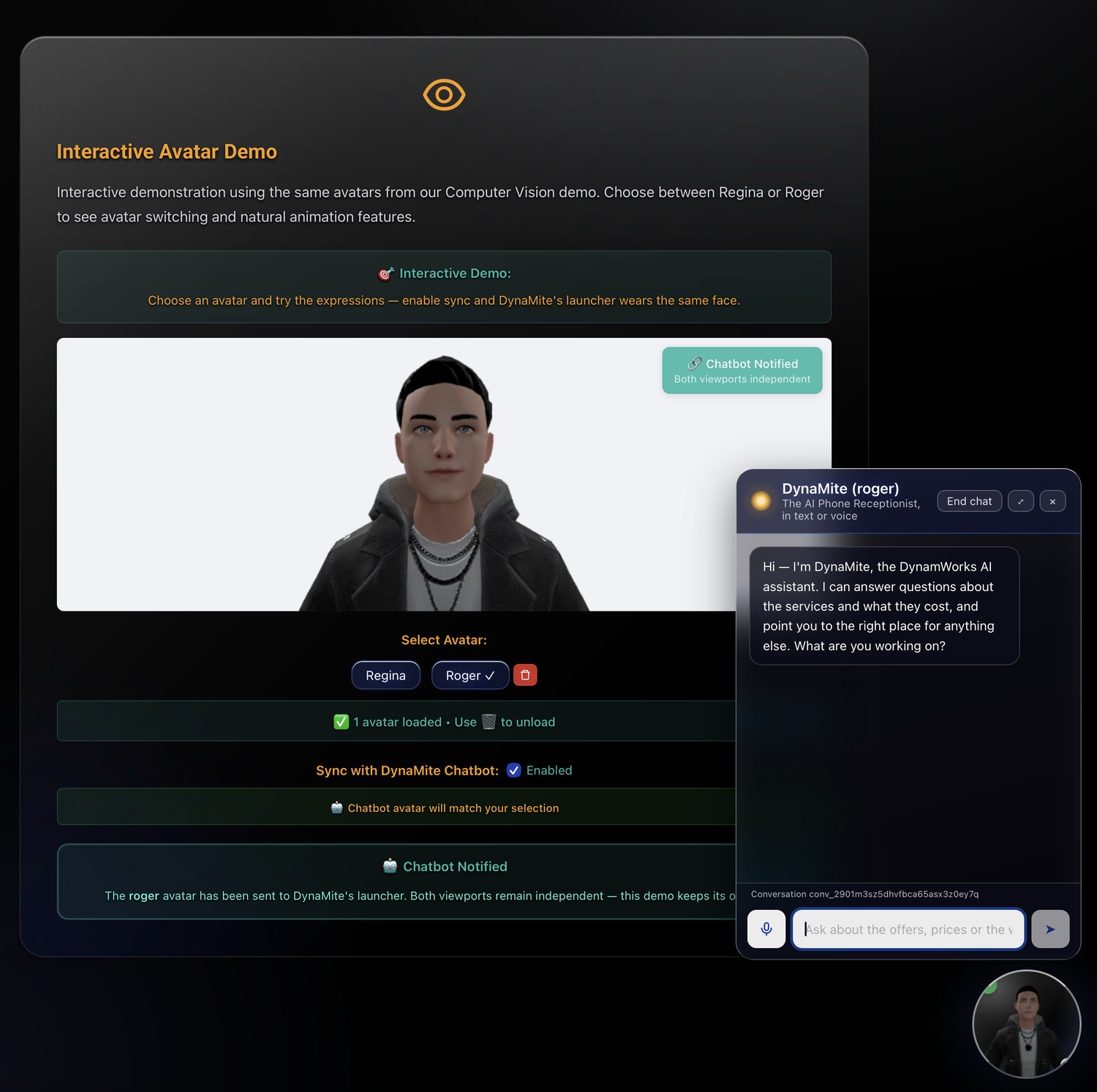 Screenshot of an interactive avatar demo: a rendered 3D avatar in a viewport with selection controls and a sync toggle, an open chat panel headed DynaMite (roger) showing the assistant greeting a visitor, and a chat launcher in the corner wearing the same avatar.