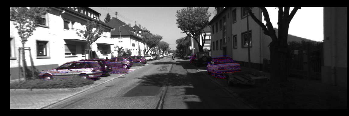 A greyscale street scene with parked cars, overlaid with dense red and blue LiDAR points landing precisely on the vehicle bodies.